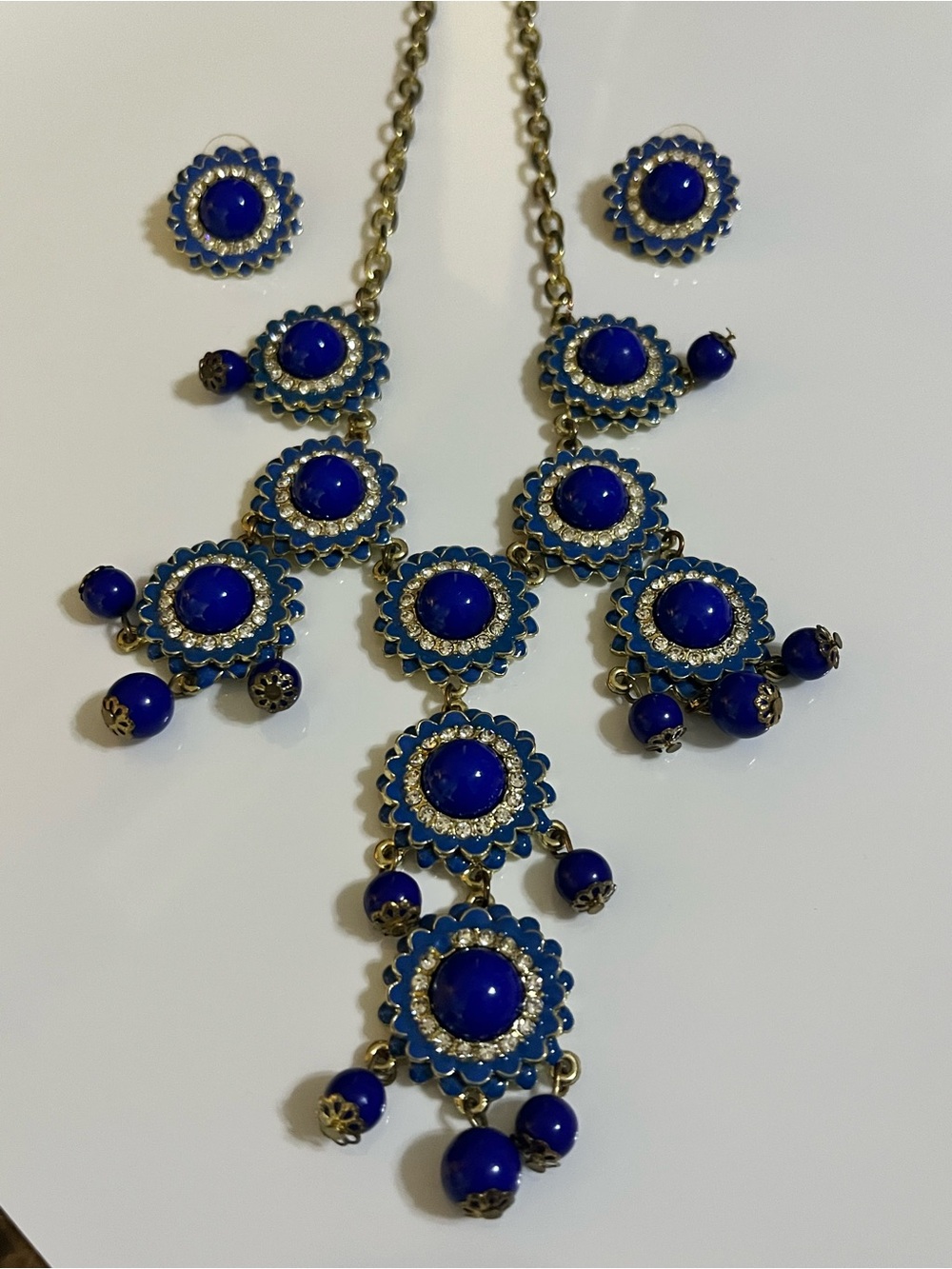 Source Unknown Royal Blue Floral Bib Necklace and Earring Set